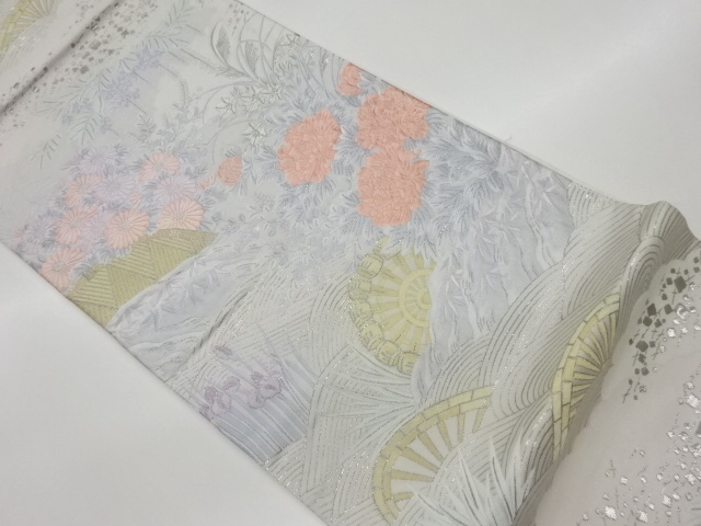 JAPANESE KIMONO / VINTAGE FUKURO OBI / PLATINUM​ FOIL / WOVEN AUTUMN FLOWERS